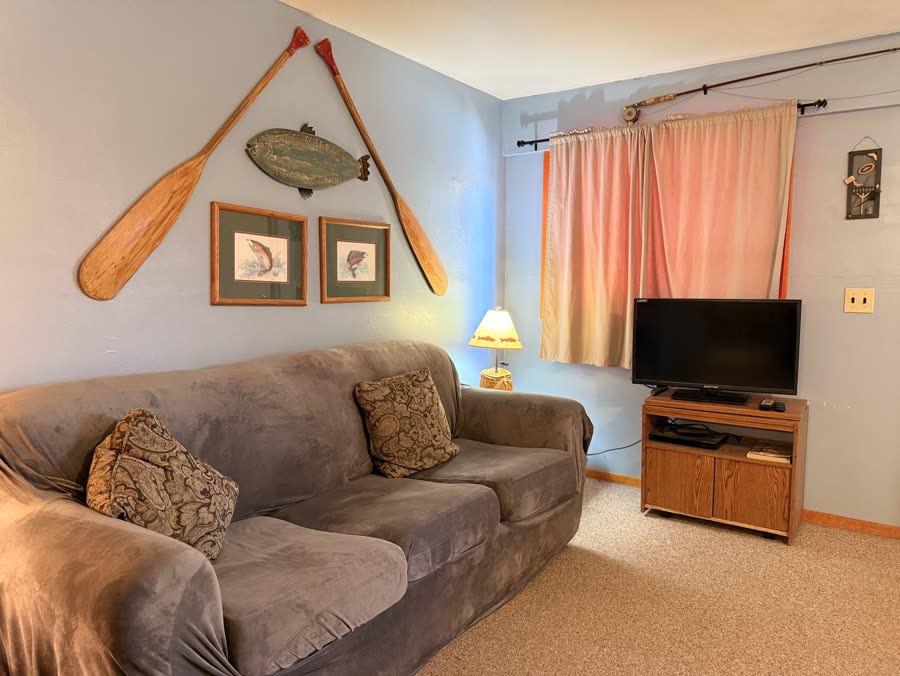 Cabin living room with a couch and paddle decor