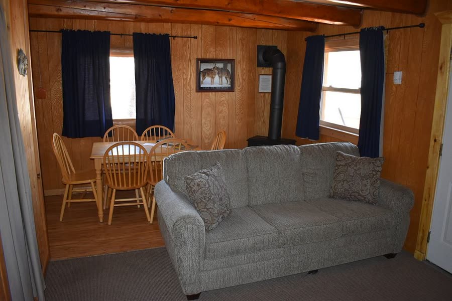 Cabin lounge with a couch and a dining table