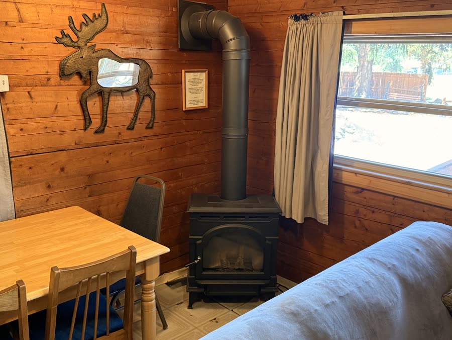 Gas log stove in a cabin living room