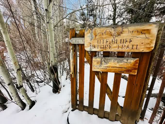 Carved wooden Ute Bluff Nature Trail sign among aspens in the snow