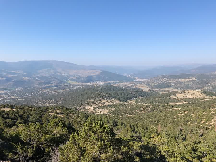 Long view across forested ridges and the valley